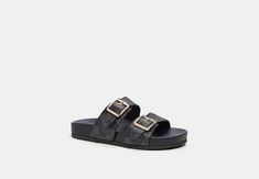 Signature coated canvas upper Man-made leather lining and footbed Rubber outsole Slip on Style No. CK412 Coach Slides, Coach Sandals, Coach Outlet, Signature Canvas, Off Black, Shoe Game, Cute Shoes, Bag Sale, Womens Sandals