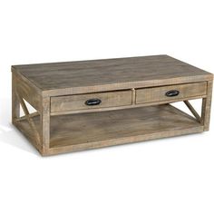 a wooden coffee table with two drawers on each side and an open shelf underneath it