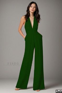 Fisdy - Sleeveless Halter Neck Jumpsuit - Casual and Chic Green Jumpsuit Outfit Wedding, Green Jumpsuit Outfit, Jumpsuit Outfit Wedding, Halter Neck Jumpsuit, Stylish Jumpsuit, Outfit Wedding, Jumpsuit Chic, Elegant Attire, Halter Jumpsuit