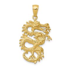 Inspired by ancient tribal art, this polished 14k yellow gold dragon pendant features a textured three-dimensional design that is approximately 15mm (9/16 inch) in width by 30mm (1 1/8 Inch) in length, which includes the tapered bail. Made in the U.S.A. Chain not included. Gold Dragon, Rose Jewelry, Dragon Pendant, Gold Texture, Fine Jewellery Necklace, Gold Charm, High Quality Jewelry, Charm Pendant, 3 D