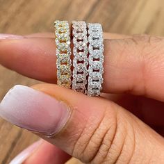 14K Solid White Gold Diamond Pave Cuban Curb Link . Can be worn alone or stacked. All our jewelry comes in an AVIR box and pouch!  *Specs of a size 6 ring* *Ring Details* Ring Type : Diamond Chain Ring Metal Type : 14K Yellow, White and Rose Gold Metal Weight : 3.50 grams Band Width : 4.2mm *Diamond Details* Type : Natural Diamonds Shape : Round Brilliant Cut Total Carat Weight : 0.62 Color : E-F Clarity : SI1  Cut : Very Good Luxury Stackable Rings With Half Eternity Cubic Zirconia, Diamond Stackable Rings With Pave Setting For Promise, Diamond Stackable Rings With Pave Setting, Gift Diamond Stackable Rings With Pave Setting, Silver 14k Gold Chain Ring With Diamond Accents, Promise Ring With Pave Setting In Cubic Zirconia, Cubic Zirconia Rings With Pave Setting For Promise, Luxury Cubic Zirconia Stackable Promise Rings, Dazzling Cubic Zirconia Half Eternity Diamond Ring