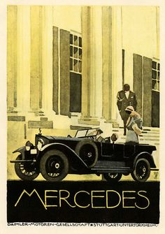 an advertisement for mercedes shows a man and woman standing in front of a classic car