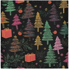 a black background with colorful christmas trees and presents on the bottom, in different colors