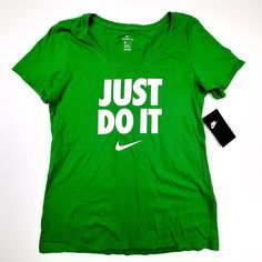 The Nike Tee Women's T-Shirt Size Small Green Cotton Athletic Cut Mm14 This Item Is New With Tags. Approx. Measurements: 18 Inches Armpit To Armpit. 24 Inches In Length Nike Green Graphic Print T-shirt, Green Logo Print T-shirt For Spring, Nike Green Sports T-shirt, Green Sports Tops With Logo Print, Green Nike Crew Neck T-shirt, Sporty Green Shirt With Letter Print, Green Casual Sports Top, Nike Green Short Sleeve T-shirt, Nike Green T-shirt With Graphic Print