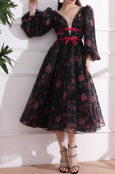 Long Puff Sleeves Illusion V Neck Floral Organza Midi Dress Midi Organza Dress, Feminine Lantern Sleeve Midi Dress For Party, Feminine Organza Midi Dress For Party, Evening Midi Dress With Sheer Puff Sleeves, Party Organza Midi Dress With Floral Print, Organza Midi Dress, Full Sleeves Design, Formal Evening Gown, Organza Dress