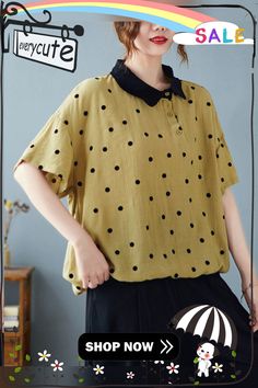 Artistic Retro Loose Polka-dot Blouse Retro Polka Dot Summer Blouse, Fitted Vintage Polka Dot Blouse, Polka Dot Button-up Spring Tops, Cheap Polka Dot Button-up Blouse, Cotton T-shirt With Polka Dot Pattern And Short Sleeves, Polka Dot Blouse, Half Sleeves, Contrasting Colors, Size Chart