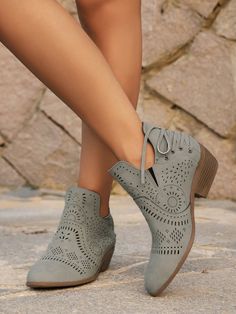 Women's Fashionable Hollow Out Back Tied Wedge Heel Breathable Boots, Solid Color Grey         Women Shoes, size features are:Bust: ,Length: ,Sleeve Length: Chunky Heeled Boots, Trendy Womens Shoes, Trending Womens Shoes, Wedge Heel Boots, Women Ankle Boots, Comfort Shoes Women, Chunky Heels Boots, Lace Up Wedges, Womens Summer Shoes