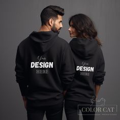 "Cute Couple Mockup featuring a man and a woman, back view for Gildan 18500 Black Hoodie. This sweatshirt mock is a simple image that is easy to use with Canva, Photoshop, Photopea etc. to make a perfect mockup for your print on demand design. ♥ Our Mockups are designed to perfectly fit Etsy's new square listing image size. --------------------- ♥ We specialize in unique settings and product colors. If you like our mockups, do not forget to follow our shop to be informed about our new designs! --------------------- ♥ How to get your Mockup: - After purchasing, you can download a PDF with a Google Drive link to your images from your Etsy account or confirmation email. - Please note that all listings have a separate PDF and you will need to open each link separately if you have purchased mul Couples Cotton Hoodie With Crew Neck, Customizable Black Cotton Hoodie, Black Branded Long Sleeve Hoodie, Black Long Sleeve Hoodie With Branding, Black Long-sleeved Hoodie With Branding, Customizable Black Hoodie Sweatshirt, Customizable Black Casual Sweatshirt, Woman Back View, Image Simple