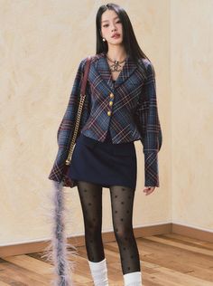 Retro check waist slim jacket + double pocket mini skirt [Reservation – Belchic Aesthetic Work Clothes, Chic Girly Outfits, Retro Skirt Outfits, Checks Skirt, Mini Skirt Looks, Fashion Design Inspiration, Suit Dresses, Retro Clothes, Grunge Preppy