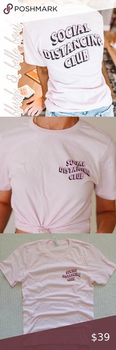 Social Distancing Club 100% Cotton Tee This t-shirt is super soft and super cute! Perfect for lounging around or wearing out!  · Unisex Sizing · Classic Fit · 100% Cotton Blush & Belle Tops Tees - Short Sleeve Pink Fitted Short Sleeve T-shirt, Casual Pink Slogan T-shirt, Fitted Pink T-shirt With Letter Print, Pink Fitted Cropped T-shirt, Pink Stretch T-shirt With Text Print, Pink Fitted Trendy T-shirt, Stretch Pink T-shirt With Letter Print, Pink Stretch T-shirt With Letter Print, Trendy Pink Tops With Funny Print