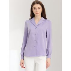 Complete your chic style with this satin button-up shirt. This satin button-up shirt features button cuffs and a notch collar perfectly. Pair it with jeans and work pants for your casual chic look. To create an elegant image with a classic design. Look smart and classic in this shirt finished with solid color fabric. With shiny and smooth fabric, this satin shirt makes you look elegant and romantic. Single Breasted Blouse For Work, Single Breasted Button-up Blouse For Work, Formal Solid Blouse With Placket, Formal Blouse With Placket, Business Casual Blouse With Lapel Collar And Placket, Workwear Blouse With Fold Down Collar And Buttons, Lapel Collar Blouse With Placket For Work, Workwear Lapel Collar Single Breasted Blouse, Workwear Blouse With Single Breasted Lapel Collar