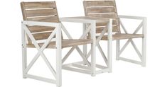 two wooden chairs sitting next to each other on top of a white table and chair