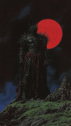 a giant monster standing on top of a hill under a red moon