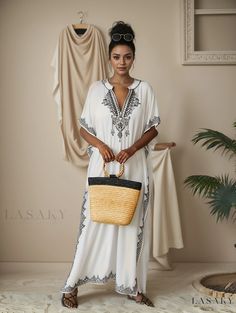 Lasaky - Womens Plus Size Boho Maxi Beach Cover Up Dress with Floral Embroidered Batwing Sleeves and Notched Neckline Embroidered V-neck Vacation Dress, Embroidered Long Maxi Dress For Vacation, Casual Embroidered Maxi Dress For Vacation, Summer Beach Embroidered Maxi Dress, Floral Embroidered Maxi Dress For Vacation, Floral Embroidery Maxi Dress For Vacation, Casual Floral Embroidered Maxi Dress For Beach, Embroidered Maxi Dress For Summer Vacation, Embroidered V-neck Boho Dress For Vacation