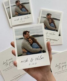 a person holding up four photos with the words nick and ollie written on them in cursive writing