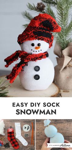 an easy diy sock snowman made out of yarn and buttons is shown with the instructions