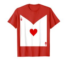 a red t - shirt with a heart in the middle and playing cards on it