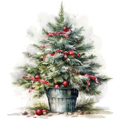 a watercolor painting of a christmas tree in a pot with red bows and ornaments