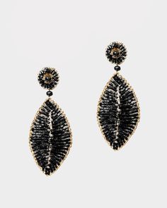 Crochet Leaf Earrings Black - Frances Valentine Handwoven Gold Drop Earrings, Elegant Handwoven Dangle Earrings, Elegant Handwoven Earrings, Gold Handwoven Drop Earrings, Elegant Handwoven Dangle Jewelry, Handmade Gold Beaded Earrings For Evening, Elegant Wire Wrapped Beaded Earrings For Party, Elegant Handwoven Black Beaded Earrings, Elegant Black Handwoven Beaded Earrings