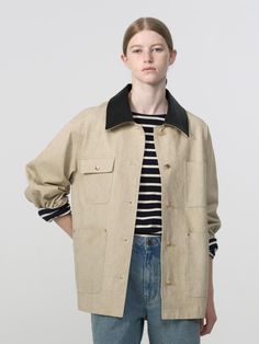 Classic Oversized Utility Jacket For Everyday, Beige Button-up Utility Jacket For Work, Cream Outerwear With Buttons For Everyday, Khaki Utility Jacket With Button Cuffs For Workwear, Beige Utility Jacket With Button Closure For Work, Beige Utility Jacket For Work With Button Closure, Beige Relaxed Fit Outerwear With Lapel Collar, Neutral Button-up Outerwear For Work, Neutral Workwear Outerwear With Buttons