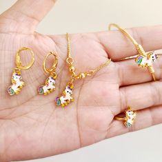 18k Gold Plated Multicolor Unicorn Little Girl's Necklace Set Necklace, Hoops, Bracelet And Adjustable Ring 4 To 6 Years Old Kid's Necklace Set Note: Cooper Color New Necklace Hoops, Kids Accessories Jewelry, Unicorn Kids, Kids Necklace, Girl Jewelry, Set Necklace, Girls Necklaces, Adjustable Ring, Adjustable Rings