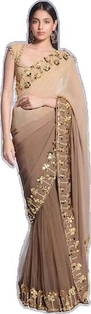 Elegant Festival Pre-draped Saree With Resham Embroidery, Elegant Traditional Wear With Gota Work For Party, Elegant Traditional Wear With Gota Work For Reception, Elegant Traditional Wear For Party With Gota Work, Elegant Party Traditional Wear With Gota Work, Transitional Gold Pre-draped Saree With Gota Work, Elegant Floor-length Traditional Wear With Gota Work, Elegant Pre-draped Saree For Navratri, Elegant Pre-draped Saree With Dupatta For Festivals