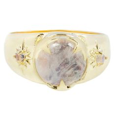 A reimagined signet with modern day detailing, this mystical piece has two 2mm gemstones on each side of a rainbow moonstone held by stars. 9mm rainbow moonstone 2mm rainbow moonstone gold plated brass or sterling silver finish: high-polish  general product measurements width: 0.77"height: 1" HANDEMADE IN USA Please ke Prettiest Colors, Jewelry Studio, Vermeil Jewelry, Jewelry Card, Solid Gold Jewelry, Fine Jewelry Designers, Moonstone Ring, Polish Jewelry, Opal Jewelry