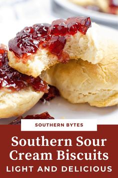 southern style cream biscuits with jam and jelly on the top are shown in this postcard