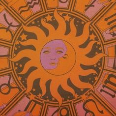 an orange and pink poster with the face of a sun surrounded by numbers, stars and symbols