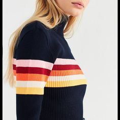 Nwt! Urban Outfitters Mock Neck Navy Crop Sweater With Rainbow Stripes Size L Fitted Blue Color Block Tops, Fitted Navy Color Block Tops, Retro White Ribbed Top, Retro Color Block Tops For Fall, White Retro Ribbed Tops, Retro Fall Color Block Tops, White Ribbed Retro Top, Spring Navy Ribbed Top, Fitted Color Block Tops For Fall