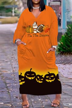 Halloween Costume Orange Black Casual Print Basic V Neck Long Sleeve Dresses Casual Long Sleeve Halloween Dresses, Casual Halloween Dress For Costume Party, Casual Halloween Costume Party Dress, Stylish Halloween Costumes, Pumpkin Cat, Black Pumpkin, Halloween Costumes Friends, Purple Halloween, Loose Maxi Dress