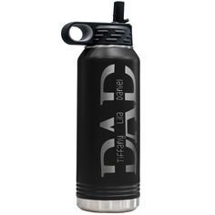 a black and silver water bottle with the word dad on it's side, in front of a white background