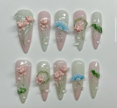 Lotus Nails, Korea Nail Art, Douyin Nails, Bday Nails, Dope Nail Designs, Pretty Gel Nails, Really Cute Nails, Nails Blue