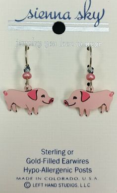 Handcrafted Pink Piggy Earrings Sterling Hooks Pink Novelty Dangle Jewelry, Nickel-free Pink Novelty Earrings, Novelty Pink Nickel-free Earrings, Pink Novelty Earrings, Novelty Pink Hypoallergenic Earrings, Pink Pierced Hoop Earrings For Gift, Whimsical Nickel-free Pink Earrings, Whimsical Pink Nickel-free Earrings, Adjustable Pink Pierced Hoop Earrings