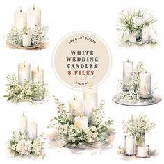 white wedding candles and flowers digital clipart set for commercial use in adobe, photoshopped