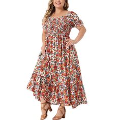 A plus-size brand inspired by the needs of its customers. Hope this clothing can match you on various occasions, with the proper tailoring to show your perfect curve, and the comfortable fabrics enable a pleasant experience. This dress is very flowy and beautiful, it features a floral print, short sleeves, an A-line, a high waist, pumped pleats, and a square neckline design, perfect for a summer beach holiday or everyday life. This dress is fitted to the body with a high waist bandage design and Plus Size Modest Dresses, Plus Size Sundress, Bandage Design, Female Features, Empire Waist Maxi, Stylish Maxi Dress, Empire Waist Maxi Dress, Flowy Design, Flowy Fabric