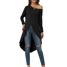 Introducing the perfect addition to your wardrobe - the long-sleeved asymmetrical irregular hem top for spring and fall. This versatile top matches perfectly with any pants, high-waist jeans, leggings, and shoes like sandals or heels. It's the ideal choice for both day and evening occasions, adding a touch of elegance and style to any outfit. The off-shoulder and asymmetrical hem details add a bit of charm, making it a must-have for any fashion-forward individual. Don't miss out on this fashion Casual Asymmetrical Top For Fall, Casual High-low Hem Blouse For Spring, Casual High-low Hem Blouse For Fall, Spring Stretch Blouse With Asymmetrical Hem, Chic Shirttail Hem Top For Fall, Spring Casual High-low Hem Tops, Trendy Tops With Curved Hem For Spring, Spring Blouse With Asymmetrical Hem And Stretch, Trendy Asymmetrical Stretch Blouse