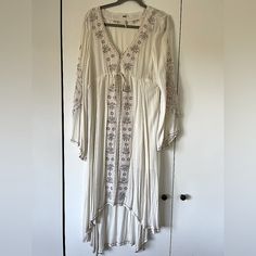 Cotton. Runs Large. Nwot Spring Embroidered Long Dress, Long Embroidered Spring Dress, Bohemian Cream Dress With Intricate Embroidery, Bohemian Long Sleeve Cream Midi Dress, Cream V-neck Embroidered Dress, Embroidered Off-white Beach Dress, Cream Bohemian Maxi Dress With Floral Embroidery, Long Sleeve Cotton Midi Dress With Floral Embroidery, Bohemian Cream Maxi Dress With Floral Embroidery