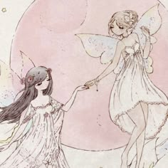 two fairy - like women holding hands in front of a full moon with stars on it