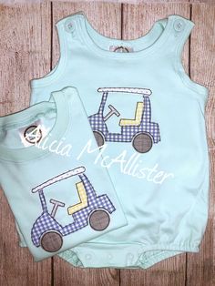 Sweet Mint tee or bubble with appliquéd golf cart.  Sister match available upon request . Includes personalization. Graphic Print Tops For Golf In Summer, Preppy Cotton Tops For Golf, Cotton Golf Tops, Blue Cotton Golf T-shirt, Blue Cotton T-shirt For Golf, Mint Tee, Sweet Mint, Boys Tops, Saint Marys