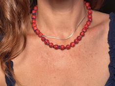 Vibrant coral red colored wood beads are paired up with blue lapis lazuli gemstone chips to create this colorful bohemian beaded choker necklace.  Layer this up with other beaded or metal chains, or wear it as a stand alone necklace.   Necklace length: 16" Love it but can't buy it right now? Click on the ❤️ to your right that says "Add item to favorites." Back to the SHOP: https://www.etsy.com/shop/EvieOlu *PACKAGING AND GIFT WRAPPING* All jewelry comes packaged in a small kraft box with padding for protection. There is an Evie Olu stamp on the top of the box and it is tied with ribbon. Perfect for gifting. Please message me for any gift note requests. *FOLLOW EVIEOLU ON* Instagram - https://www.instagram.com/EvieOlu/ Pinterest - https://www.pinterest.com/leighamber13/ Facebook - https://w Red Beaded Necklaces, Colorful Bohemian, Necklace Wood, Lapis Lazuli Necklace, Wood Bead Necklace, Bohemian Colors, Color Necklace, Necklace Red, Coral Red