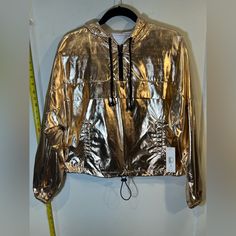 New Gold Crop Rain Zipper Front Jacket Slicker Jacket Activewear Size: Medium (7-9) Color: Gold Trendy Fall Hooded Track Jacket, Casual Hooded Metallic Outerwear, Gold Long Sleeve Outerwear For Streetwear, Metallic Long Sleeve Outerwear For Streetwear, Casual Metallic Outerwear For Fall, Gold Hooded Winter Outerwear, Casual Gold Outerwear For Winter, Plaid Hoodie, Skull Sweater