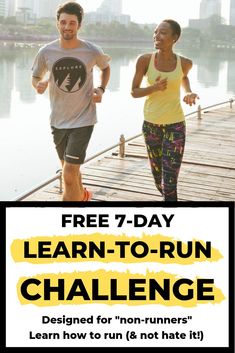 a man and woman running on a dock with the words learn to run challenge