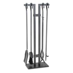 a metal rack with two brooms and three poles