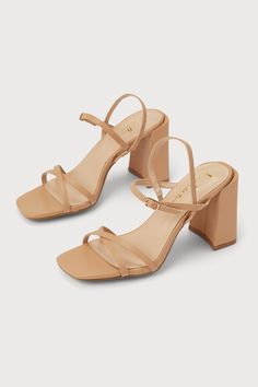 Whether you're the maid of honor or just a wedding guest, the Lulus Petriana Light Nude Ankle Strap High Heel Sandals are sure to pair perfectly with any special occasion 'fit! Smooth faux leather shapes this cute heels that feature a trendy square toe bed and slender, crisscrossing toe straps. A slingback-style strap overlaps a matching adjustable strap at the vamp that secures with a shiny gold buckle. A chunky block heel completes the versatile look! 3. 75" wrapped block heel. Cushioned insol Hoco Accessories, Shoe Ideas For Women, Bridesmaid Dress Shoes, Homecoming Shoes, Recruitment Outfits, Nude Strappy Heels, The Maid, Shoe Ideas, Ankle Strap High Heels