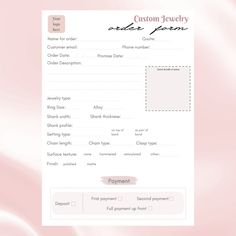 an invoice form is shown on a pink and white background with the words custom jewelry