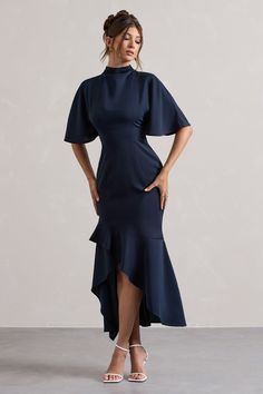 Lavinia Navy High-Neck Flutter-Sleeve Asymmetric Maxi Dress – Club L London - USA Navy Graduation Dress, Maxi Dresses Uk, Statement Heels, Club L London, African Outfits, Invisible Zip, Newborn Dresses, Navy Dress, St Lucia