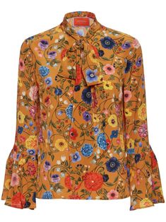 orange silk crepe de chine all-over floral print pussy-bow collar V-neck bell sleeves long sleeves straight hem Formal Dress Jacket, Straight Leg Denim, Maxi Dresses Casual, Silk Crepe, Dark Wash Denim, Wide Leg Denim, Light Wash Denim, Cropped Denim, Sweater Skirt