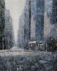 an abstract painting of cityscape with tall buildings