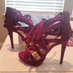 Wild Diva Venus Suede Heels In Grape/Purple Brand New In Box, Never Worn Faux Tie Up With Zipper Back Only Tried On With Carpet Approx 5" Heel Burgundy Synthetic Heels For Party, Burgundy Synthetic Party Heels, Elegant Purple Strappy Heels, Purple Strappy Evening Heels, Purple Synthetic Heels With Wrapped Heel, Purple Synthetic Heels With 4-inch Heel, Purple 4-inch Heel Synthetic Heels, Purple Ankle Strap Heels In Synthetic Material, Purple Synthetic Ankle Strap Heels